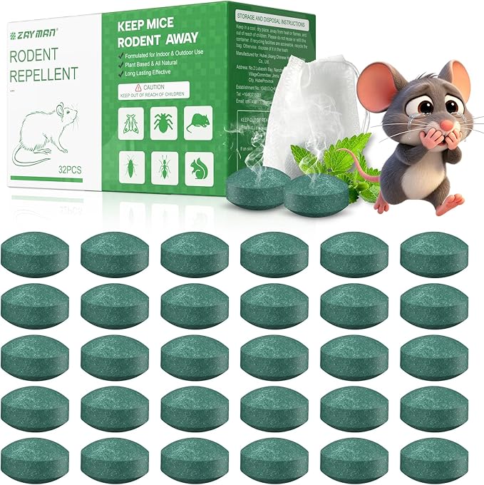 ZAYMAN Mouse Rodent Repellent, 32 Pack Peppermint Lemon Oil Mice Repellent for Squirrel Rats Spider Pest Control Indoor & Outdoor, Mice Deterrent Replace Trap Poisoning Family & Pet Safe