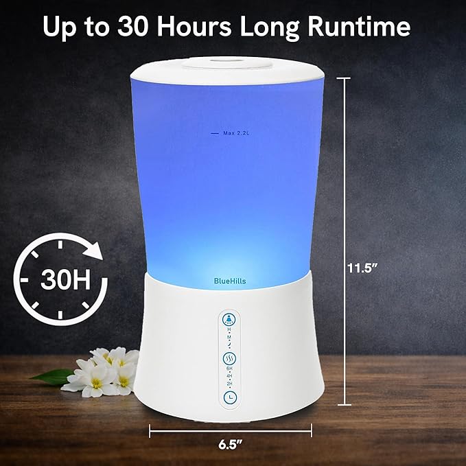 BlueHills Large 2000 ML XL Essential Oil Diffuser Premium Aromatherapy Humidifier for Big Room Home Long Run Extra Large Capacity for Huge Area 2 Liter 2L Color Changing Lights Cool High Mist White-S1