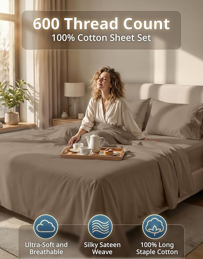 Lane Linen 100% Cotton Bed Sheets – 600 Thread Count Cooling Sheets Queen, Durable Daily Use Bedding, Value Comfort for Nightly Rest, Hotel Sateen Finish, Snug Fit 15" Deep Pocket Fitted Sheet – Taupe