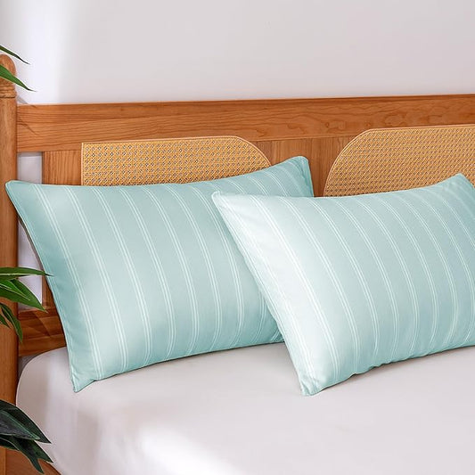 Amazon Basics Stripe Cooling Pillow Cases for Hot Sleepers, Soft Cooling Pillow Covers with Envelope Closure, 20" x 30", Queen, Cyan, Pack of 2