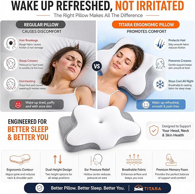 Cervical Neck Pillow for Pain Relief, Memory Foam Contour Pillow Dual Height 5.5/3.7 for Neck Shoulder Support – Ergonomic Orthopedic Cooling Pillow Side Back Stomach Sleepers Arm Support