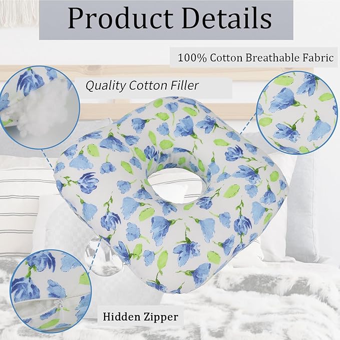 Ear Piercing Pillow for Side Sleepers, Pillow with an Ear Hole for CNH and Ear Pain Ear Inflammation Pressure Sores, O-Shaped Side Sleeping Pillow, Ear Guard Pillow (Blue Iris Flowers)
