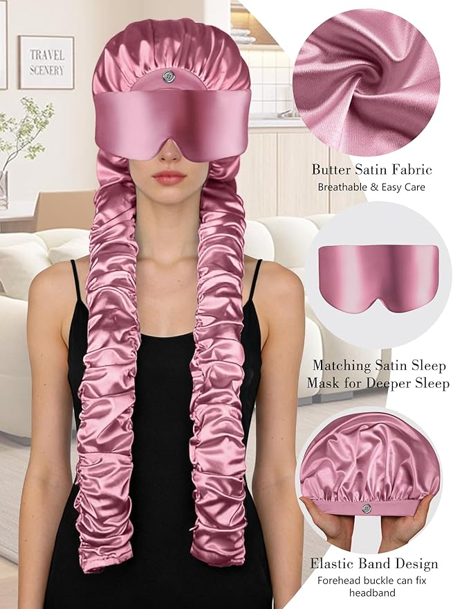 Satin Bonnet for Sleeping with Eye Mask，No Slip Sleep Bonnet with Long Curling Ribbons for Braids & Long Hair