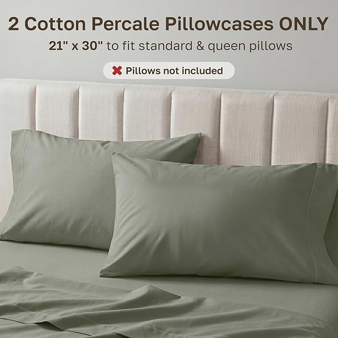 California Design Den 100% Egyptian Cotton Pillow Covers Standard Size/Queen Size Set of 2 - Crisp Percale Feel, Soft & Breathable Pillow Case Cotton (Sage Leaf)