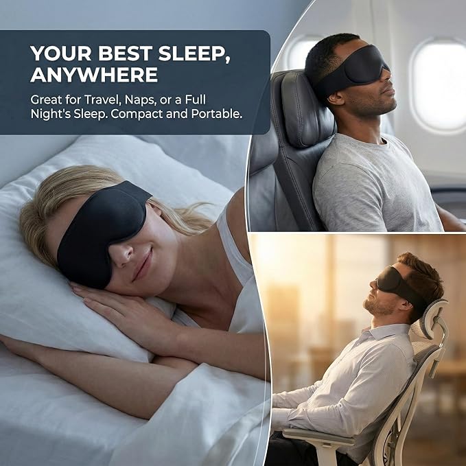 3D Sleep Mask for Men Women, 100% Blackout Contoured Eye Mask, Soft Memory Foam Blindfold with Adjustable Hook and Loop Strap, Pressure-Free Eye Cover for Side Sleeper, Travel & Yoga (Black)