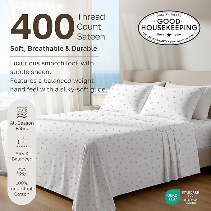California Design Den Soft 100% Cotton Twin XL Bed Sheets Set, 400 Thread Count Good Housekeeping Award Winner, Smooth Sateen Finish, Cozy and Durable Twin XL Bedding Set - Soft Floral