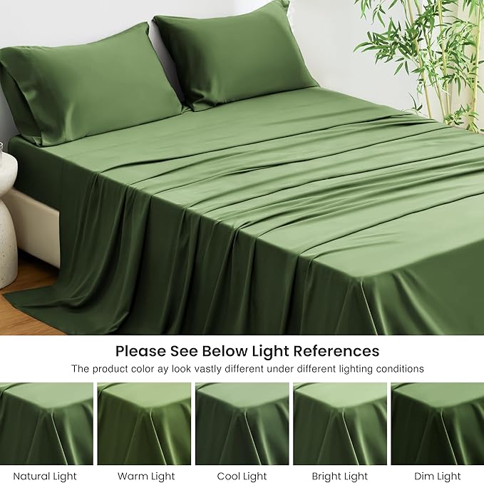 Love's cabin 4 Piece Queen Sheet Set, 100% Rayon Derived from Bamboo, Cooling & Breathable, Soft Silky Deep Pocket up to 16", Hotel Luxury Bedding for Hot Sleepers, Olive Green