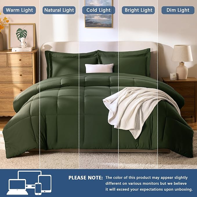 CozyLux Queen Comforter Set Olive Green - 7 Pieces Bed in a Bag Queen, All Season Breathable Bedding Sets,Oeko-Tex Certified Bed Set with Down Alternative Comforter, Sheets, Pillowcases & Pillow shams