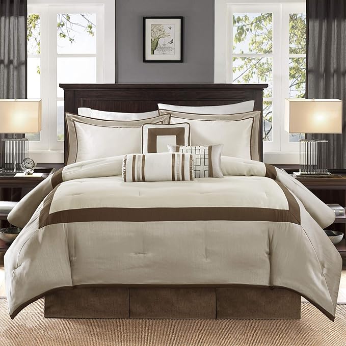 Madison Park Cozy Comforter Set-Deluxe Hotel Collection, All Season Down Alternative Luxury Bedding with Matching Shams, Decorative Pillows, California King (104"x92"), Genevieve, Taupe/Brown 7 Piece