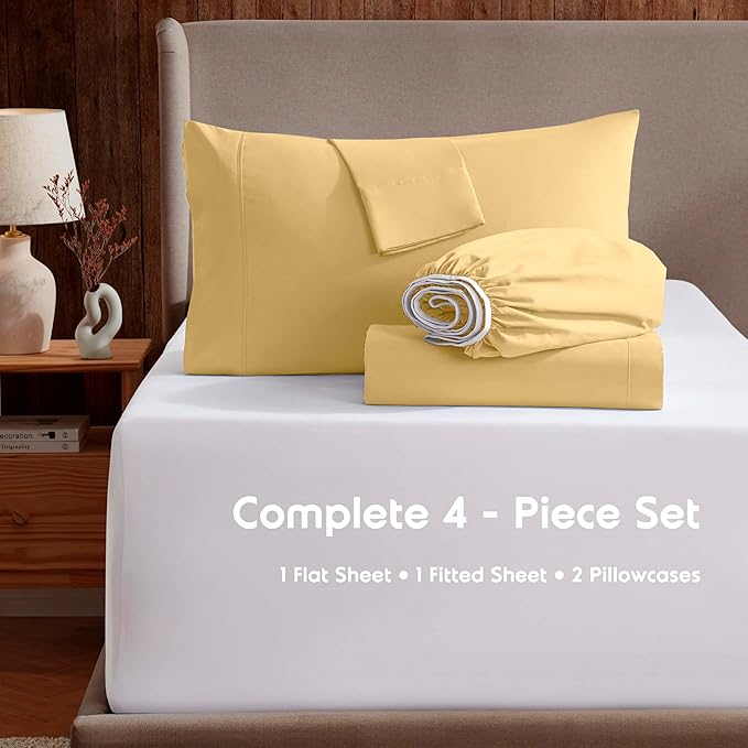 Nestl Extra Deep Twin XL Sheet Set - 4 Piece Breathable & Cooling Sheets - Hotel Luxury Bedding Set w/18-24 Inch Deep Pockets - Easy & Secure Fit - Super Soft, Wrinkle Free & Comfy - Custard Yellow