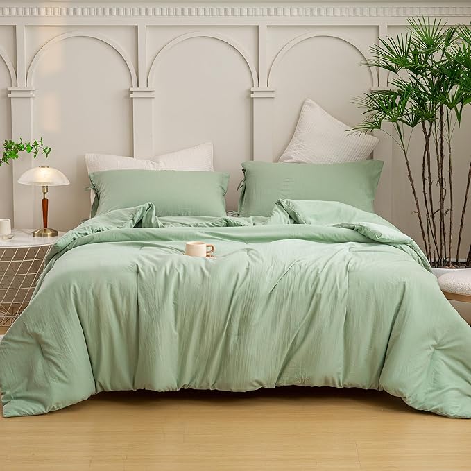 Ultra-Soft Queen Size Comforter Sets - Comfy Cozy Washed Polycotton - 3 Piece Comfort Fluffy Bed Blanket Down Alternative Comforter & Pillowcase - Lightweight but Warm All Season, Sage Green