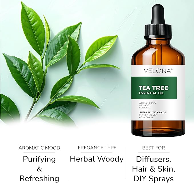 Tea Tree Essential Oil by Velona - 4 Fl Oz | Therapeutic Grade 100% Pure and Natural | for Aromatherapy Diffuser, Massage, Skincare, Haircare, Soapmaking | Undiluted and Multipurpose in Glass Bottle