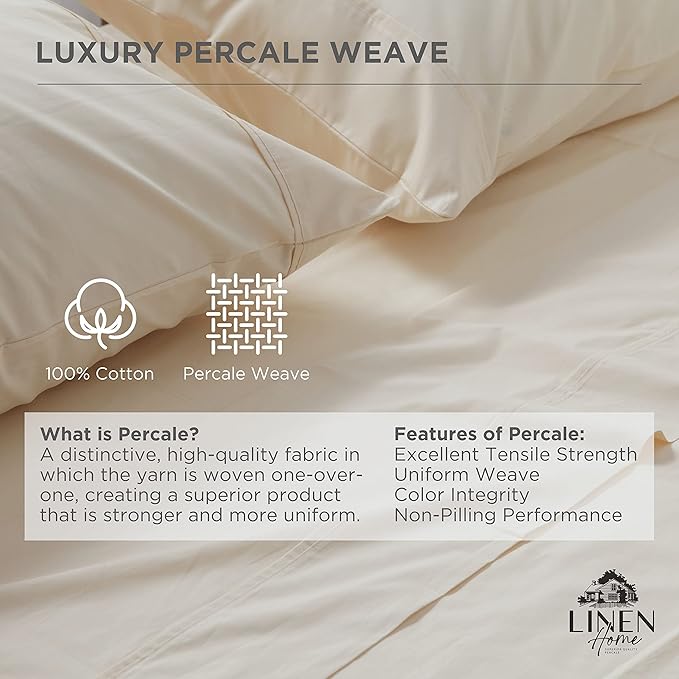 Linen Home 100% Cotton Percale Pillowcases King Size, Ivory, 2 Pieces of Pillow Case, Crisp and Cool Strong Bed Linen, 20 inches X 40 inches