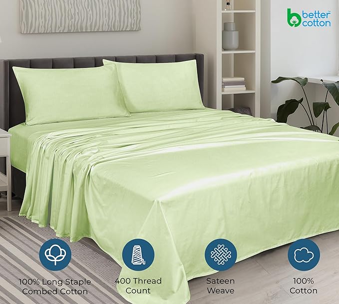 ROYALE LINENS 400 Thread Count 100% American Grown Cotton 4 Piece Sateen King Sheet Set - 1 Fitted Sheet, 1 Flat Sheet, 2 Pillow case - Green King Bedsheet - Cotton Sheets - (King, Florentine Sage)