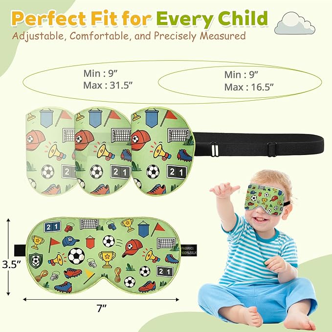Kids Silk Sleep Mask – 100% Mulberry Silk Eye Cover, Kid Eye Mask with Adjustable Strap, Soft & Breathable Blackout Sleeping Mask for Boys and Girls Ages 5-15 (Soccer Ball Print)