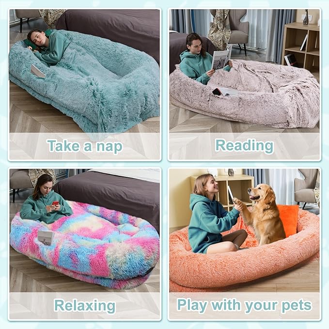 YAEM Human Dog Bed for Adult and Pets - 71"x45"x12" Dogs Beds for Humans with Washable Faux Fur Cover, Plump Pillow, Blanket, Orthopedic Design, Strap-GreenWhite