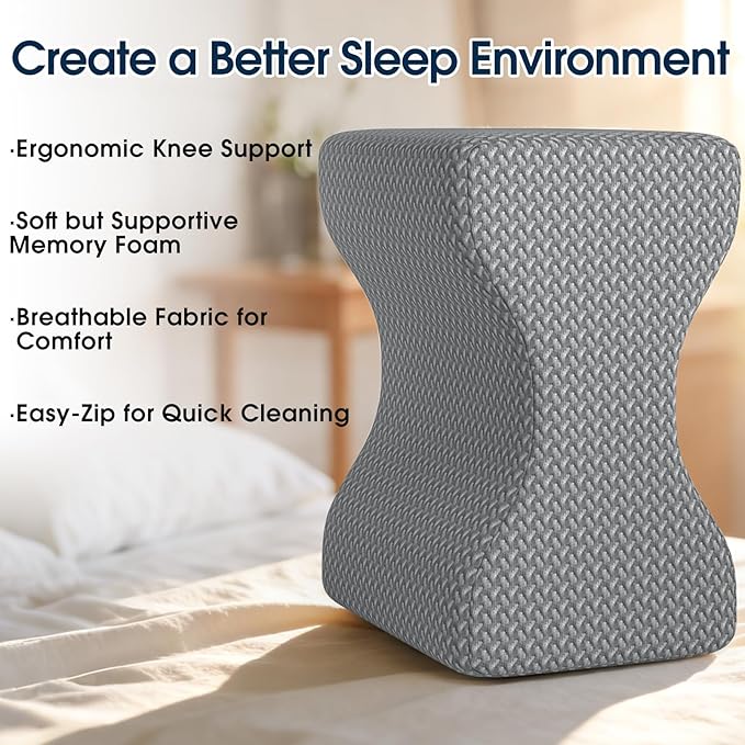 BlissTrends Memory Foam Knee Pillow, Knee Pillow for Side Sleepers, Leg Pillows for Sleeping Blood Circulation, Elevation Pillow for Spine Aligning, Sciatica, Back, Hip, Knee, Ankle Pain, Grey