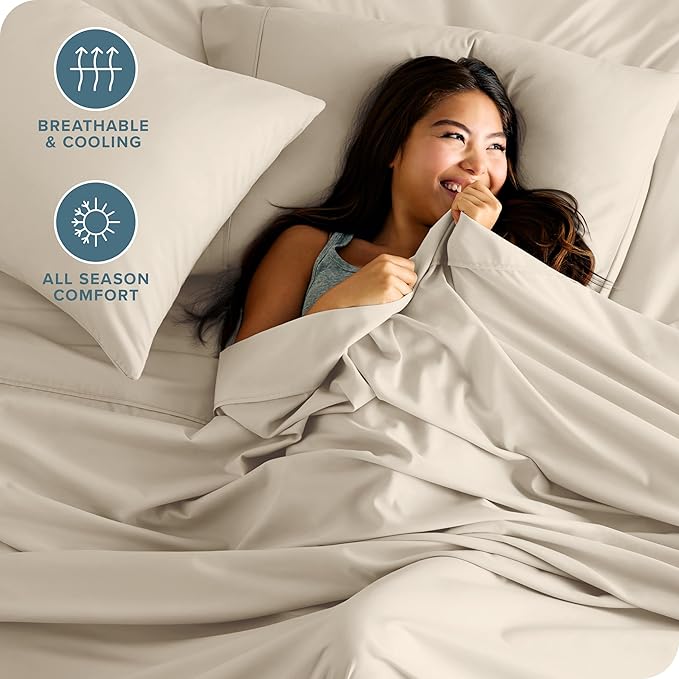 Bare Home Hotel Luxury Split Head Flex King Sheet Set, Extra Soft, Deep Pockets, Easy Fit, Cooling & Breathable, Wrinkle, Fade, Stain Resistant, with 4 Pillowcases (Split Head Flex King, Sand)