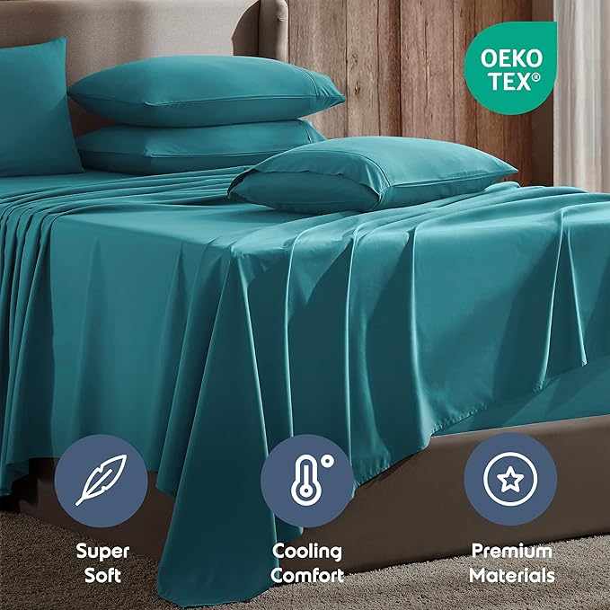 Nestl Extra Deep Cal King Sheet Set - 6 Piece Breathable & Cooling Sheets - Hotel Luxury Bedding Set w/18-24 Inch Deep Pockets - Easy & Secure Fit - Super Soft, Wrinkle Free & Comfy - Teal