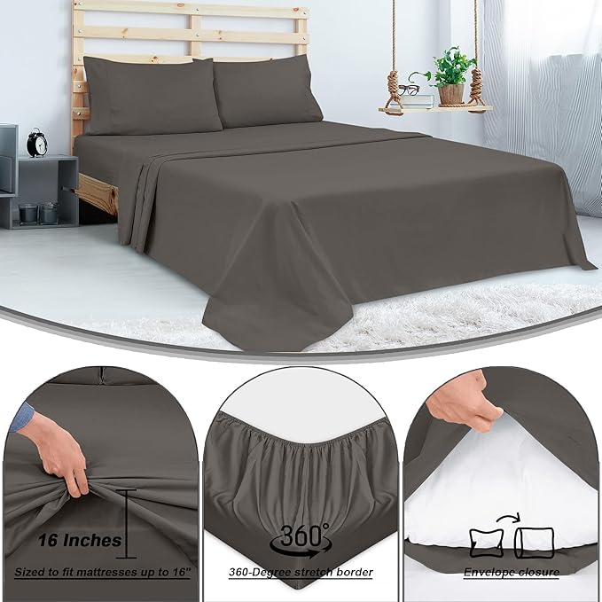 ROYALE LINENS 300 Thread Count 100% Long Staple Combed Cotton Sheet Set - 4 Piece King Bed Sheets - 1 Fitted, 1 Flat & 2 Pillow Cases - Soft Cool & Crisp Sheet Set (King, Grey)