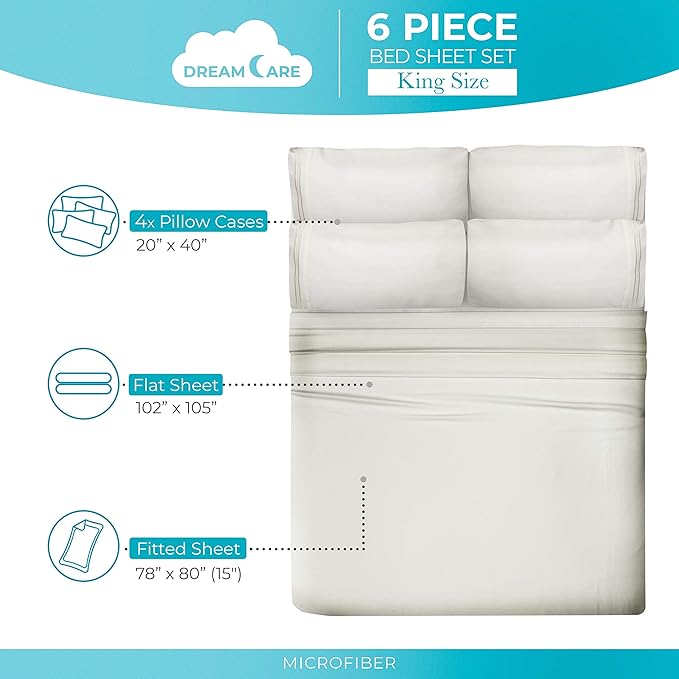 DREAMCARE King Size Sheets Set - 6 pcs Breathable Cooling Bed Sheets - up to 15" Deep Pocket King Sheet Set with Side Pockets - Extra Soft 100% Brushed Hypoallergenic Hotel Luxury Bedding - Ivory
