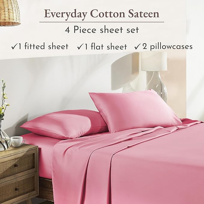 California Design Den Natural 100% Cotton Sheets Queen Size Bed Set - Soft Sateen Weave, Deep Pockets with All Around Elastic, Breathable and Durable Bedding - Doll Pink