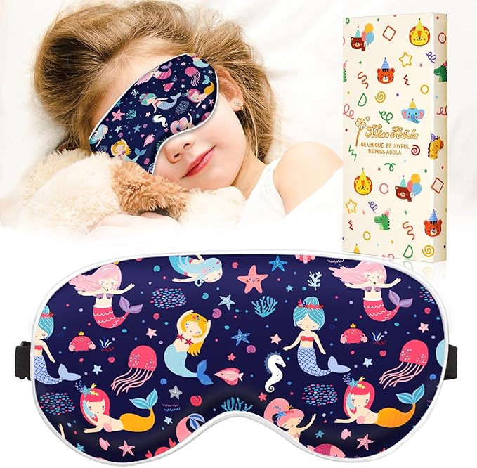 Miss Adola Sleep Mask for Kids - Cute Kawaii Cartoon Silk Sleeping Mask with Adjustable Strap Soft Smooth Light Eye Mask for Sleeping Silk Kids Eye Cover for Boys Girls Teens, BU Fish Ocean