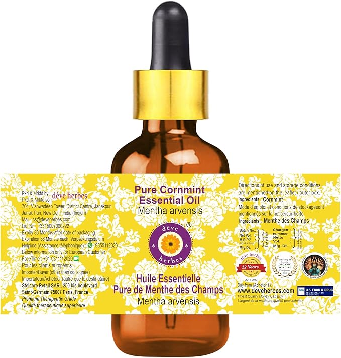 dève herbes Pure Cornmint Essential Oil (Mentha arvensis) with Glass Dropper Steam Distilled 100ml (3.38 oz)