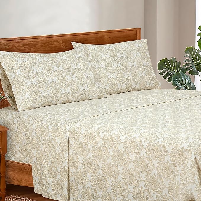 ROYALE LINENS 300 Thread Count 100% Long Staple Combed Cotton Sheet Set - 4 Piece Queen Bed Sheets - 1 Fitted, 1 Flat & 2 Pillow Cases - Soft Cool & Crisp Sheet Set (Queen, Floral Damask,Rainy Day)