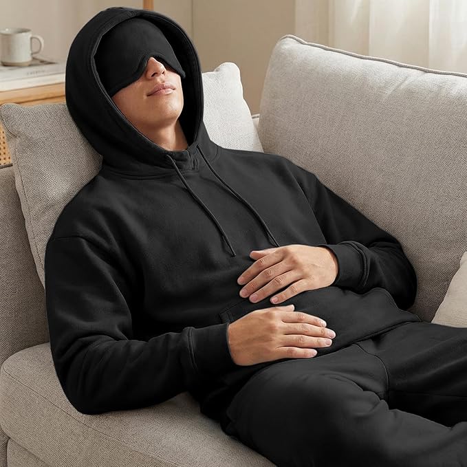 Ainangua Mens Oversized Pullover Essentials Hoodie with Eye Mask Built In Comfor Airplane Mode Travel Sleep Wearable Blanket