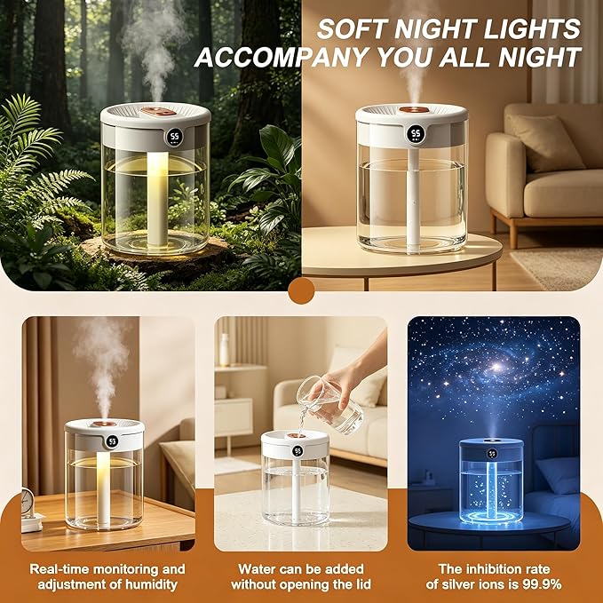 Generic 2L Anti Gravity Humidifier, Smart Bedroom Humidifier With Humidity Display, Anti Gravity Water Drop Cool Mist Diffuser, 3 Modes Dual Spray Mute Humidifier With Night Light. (Pink)