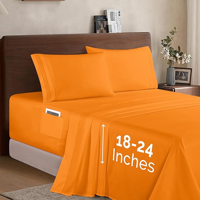 Elegant Comfort Luxury 1500 Premium Hotel Quality Microfiber 4-Piece Sheet Set - Soft, All Around Elastic 18-24 Inches Deep Fitted Sheet - Extra Deep Pocket Sheets, Twin/Twin XL, Elite Orange