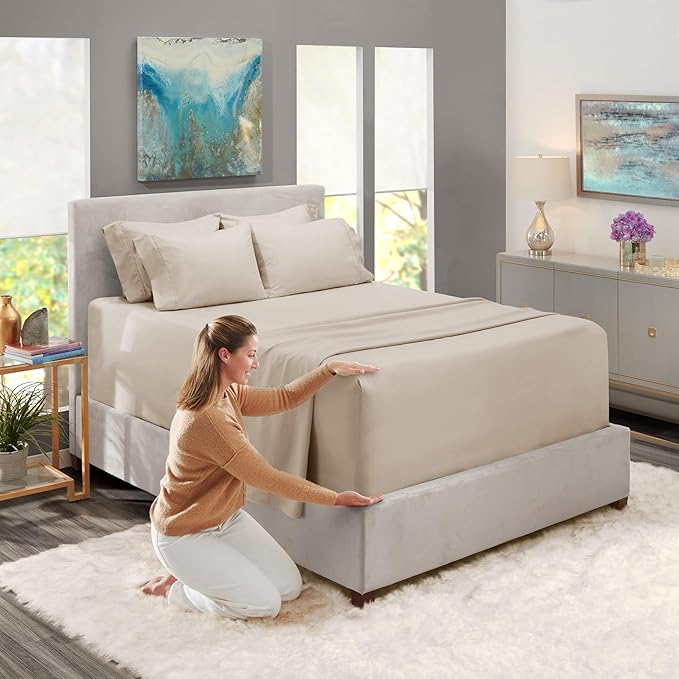 Hearth & Harbor Bed Sheets, Luxury Soft 6 Piece Bed Sheet Set Extra Deep Pocket Fitted Sheets Fits Mattress up to 21", Double Brushed Bedding Sheets & Pillowcases, King, Natrual Linen
