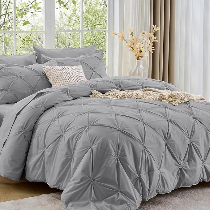 Sasttie Queen Comforter Set, 7-Piece Bed in a Bag, Pintuck Bedding Sets for All Season, Includes Comforter, Flat Sheet,Fitted Sheet, Pillowcases and Pillowshams, Light Grey