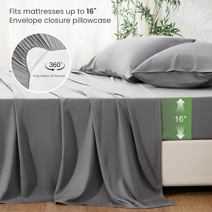Love's cabin 3 Piece Twin XL Sheet Set, 100% Rayon Derived from Bamboo, Cooling & Breathable, Soft Silky Deep Pocket up to 16", Hotel Luxury Bedding for Hot Sleepers, Grey