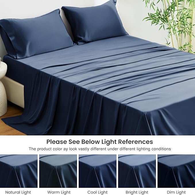 Love's cabin 4 Piece Full Size Sheet Set, 100% Rayon Derived from Bamboo, Cooling & Breathable, Soft Silky Deep Pocket up to 16", Hotel Luxury Bedding for Hot Sleepers, Navy