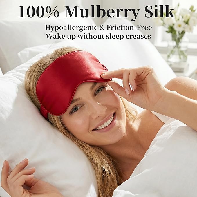 ZLYC 100% Mulberry Silk Sleep Mask Pressure-Free Eye Cover Soft Light Blocking Blindfold for Travel & Nap, Solid Wine Red