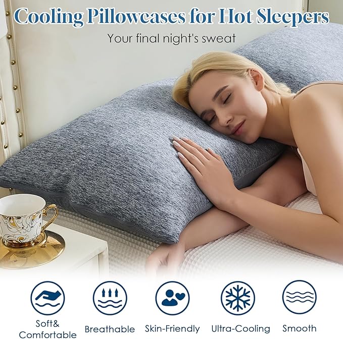 CHOSHOME Cooling Pillow Cases Zipper Pillow Covers Q-Max > 0.45 Zippered Pillowcases for Hot Sleepers, Soft, Breathable, Skin-Friendly, 2 Pack (Standard, 20"x26", Navy Blue)