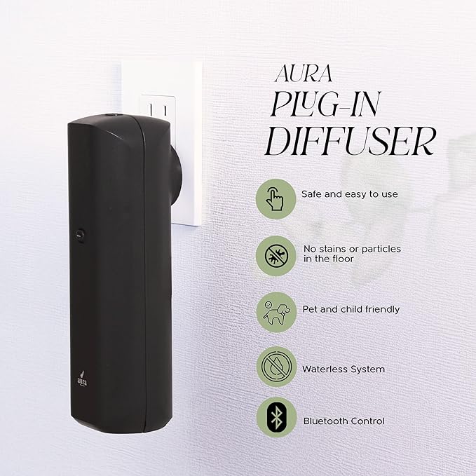 Aura Bluetooth Smart Plug-in Oil Diffuser – Cold-Air Scent Diffuser for Home, 500 Sq Ft Coverage, 100ml Refillable Bottle, Adjustable Fragrance Intensity, Includes 15ml Luxury Scent Oil (Black)