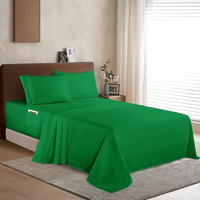 Elegant Comfort Luxury 1500 Premium Hotel Quality Microfiber 4-Piece Sheet Set - Soft, All Around Elastic 18-24 Inches Deep Fitted Sheet - Extra Deep Pocket Sheets, Twin/Twin XL, Emerald Green