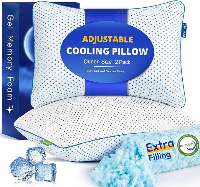 Cooling Gel Memory Foam Pillows Queen Size Set of 2 for Sleeping,Bamboo Rayon Adjustable Firm Shredded Foam Bed Pillows 2 Pack for Side, Back, Stomach Sleepers Luxury Washable Breathable Pillowcase