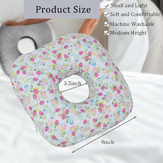 Ear Piercing Pillow for Side Sleepers, Pillow with an Ear Hole for CNH and Ear Pain Ear Inflammation Pressure Sores, O-Shaped Side Sleeping Pillow, Ear Guard Pillow (Blue Strawberry)