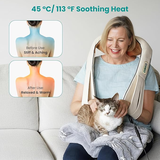 Nekteck Shiatsu Neck Massager with Heat for Pain Relief Deep Tissue, 2026 Upgraded 3D Back Shoulder Kneading Massage Pillow, Relaxation Gifts for Him Her Mom Dad Mother's Day, Beige (NOT Cordless)