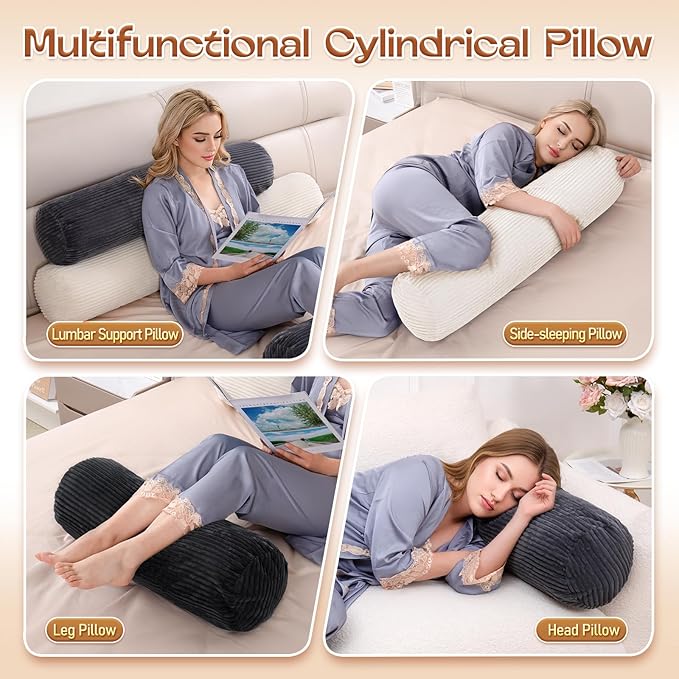 1 MIDDLE ONE Body Pillow for Adults, Long Bolster Pillow for Bed, Decorative Round Roll Hug Pillow with Corduroy Cover (Dark Grey, 35x7.87 Inch)