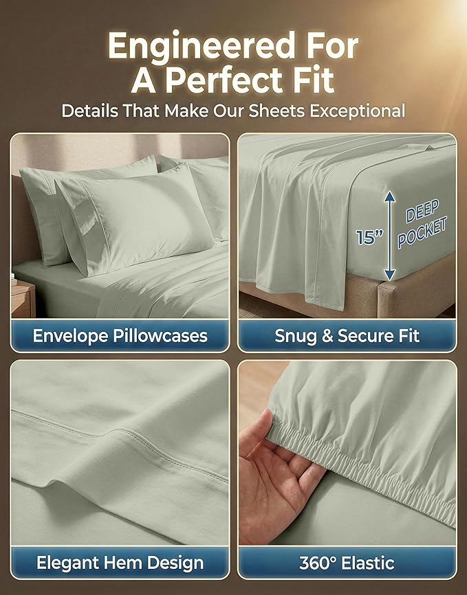 LANE LINEN 100% Cotton Cal King Bed Sheets - 600 Thread Count Premium Sateen Weave for Smooth & Gentle Feel On Skin - Hotel Like Thick Bedding & Sheets - Oeko Tex Certified - Mineral
