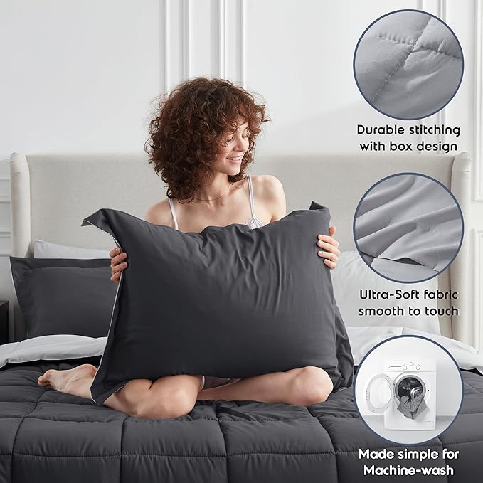 Nestl 9 Piece California King Comforter Set – Dark Grey Reversible Bed in a Bag – Complete Cal King Size Bedding Set with Sheets, Set of 2 Down Alternative Pillows, Pillowcases and Shams