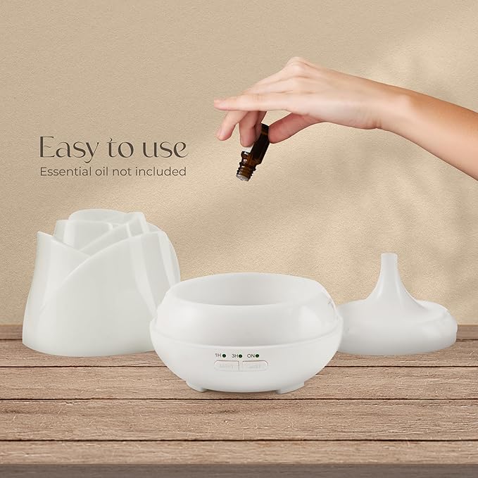 Earnest Living Rose Essential Oil Diffuser 150ml – Mini Ultrasonic Aromatherapy Humidifier for Bedroom & Desk, Quiet Mist, USB Powered, 7-Color Night Light, for Women – Solid White