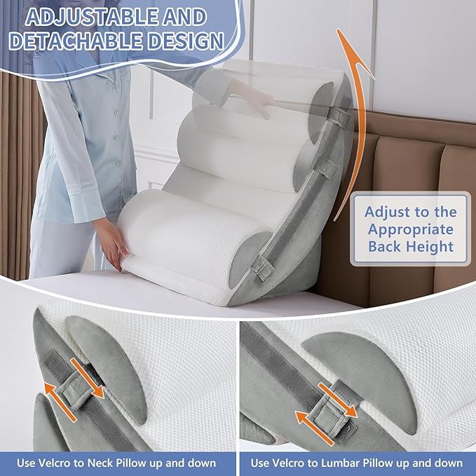 Yojoker Orthopedic Bed Wedge Pillow Set for Sleeping, Post Surgery Foam for Body, Back and Leg Pain Relief Comfortable & Adjustable Support Pillows-Anti Snoring, Heartburn (Gray, 9 Piece Set)