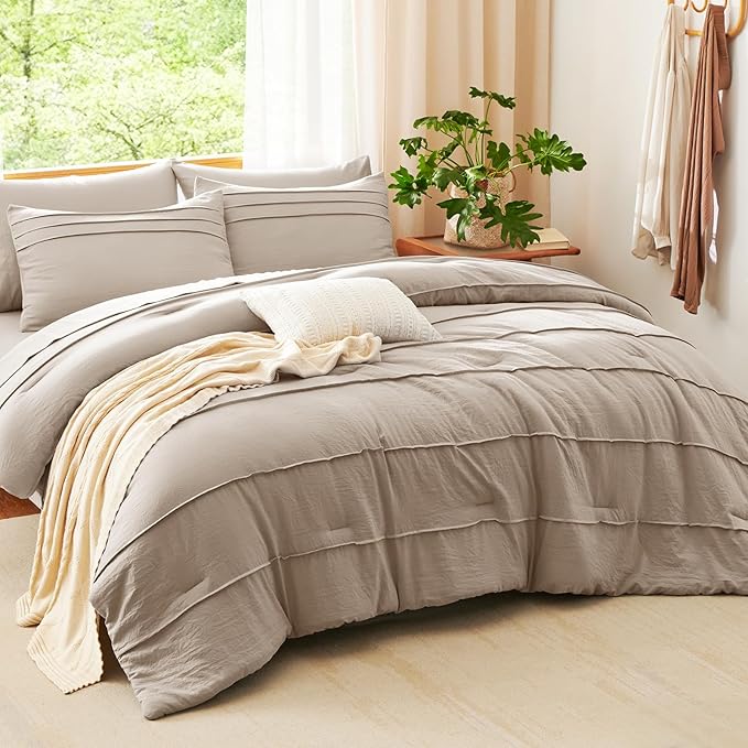 CozyLux Full Size Comforter Sets Wheat, 7 Pieces Soft Pinch Pleat Bed in a Bag Full Comforter Set with Sheets, Boho Bed Set with Down Alternative Comforter, Sheets, Pillowcases & Shams