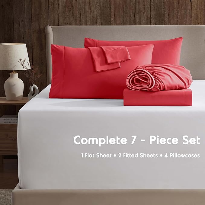 Nestl Extra Deep Split King Sheet Set - 7 Piece Breathable & Cooling Sheets - Hotel Luxury Bedding Set w/18-24 Inch Deep Pockets - Easy & Secure Fit - Super Soft, Wrinkle Free & Comfy - Red